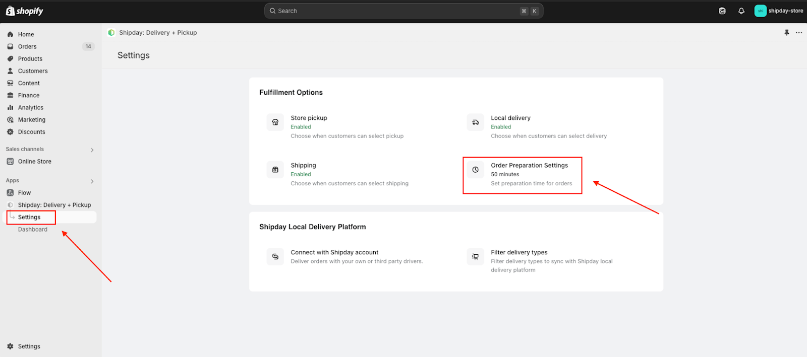 Order Preparation Settings en los ajustes de la app de Shipday en Shopify