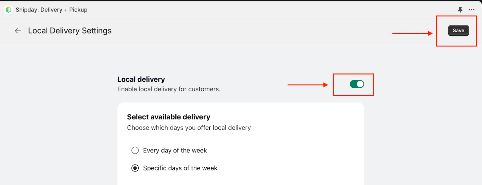 Local delivery turned on in the Shipday Shopify app