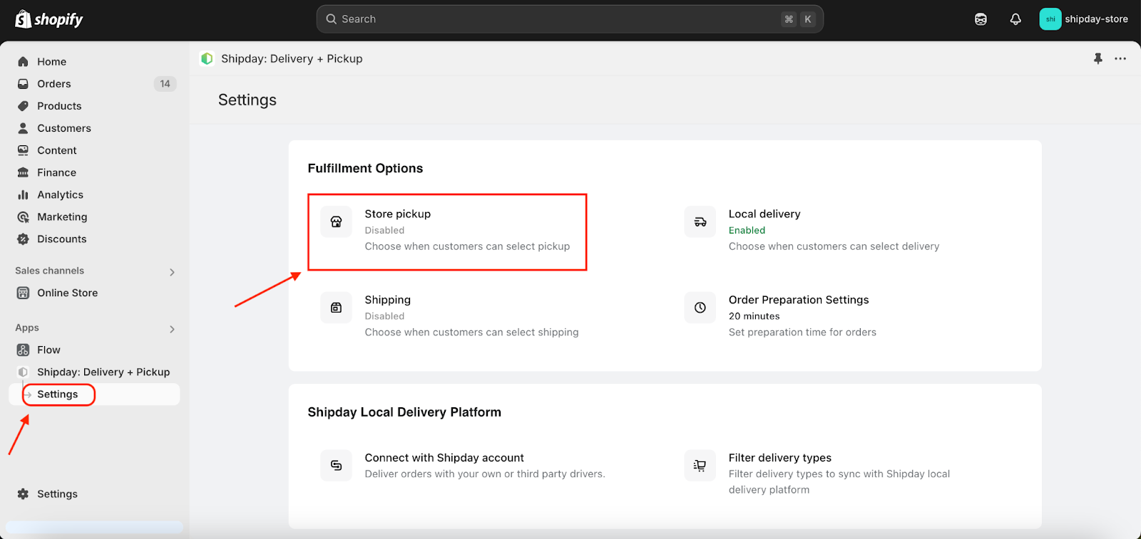 Store pickup en los ajustes de la app de Shipday en Shopify