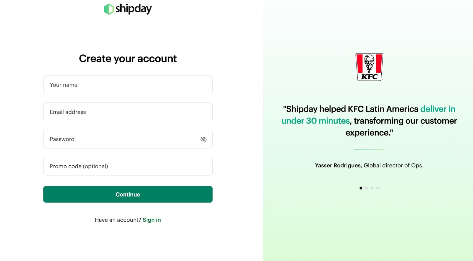 Shipday sign-up page