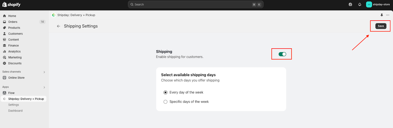 Shipping toggle and Save button