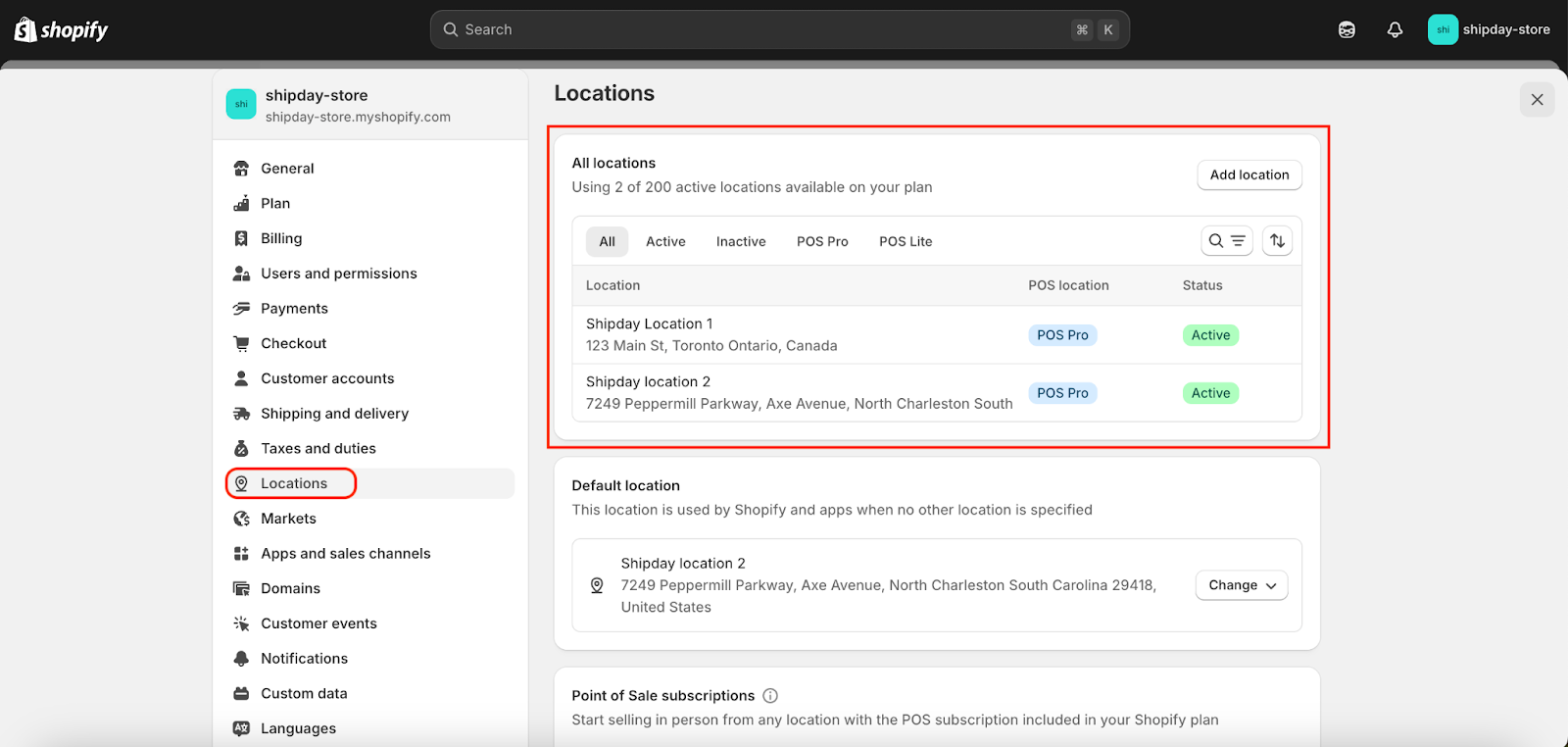 Locations en los ajustes de Shopify