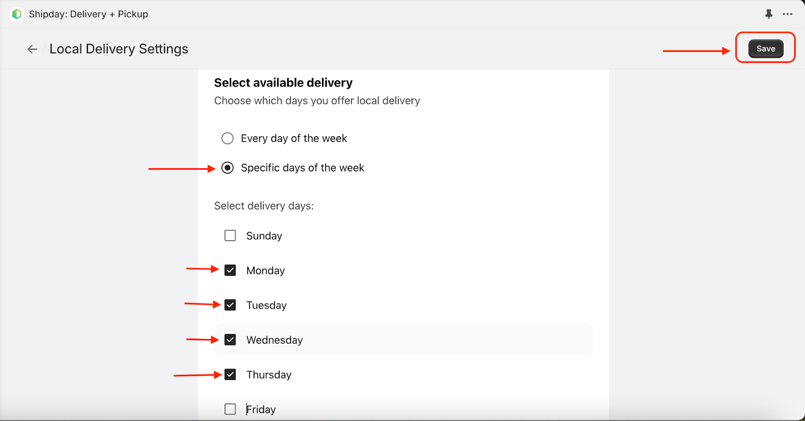 Specific delivery days selected with checkboxes