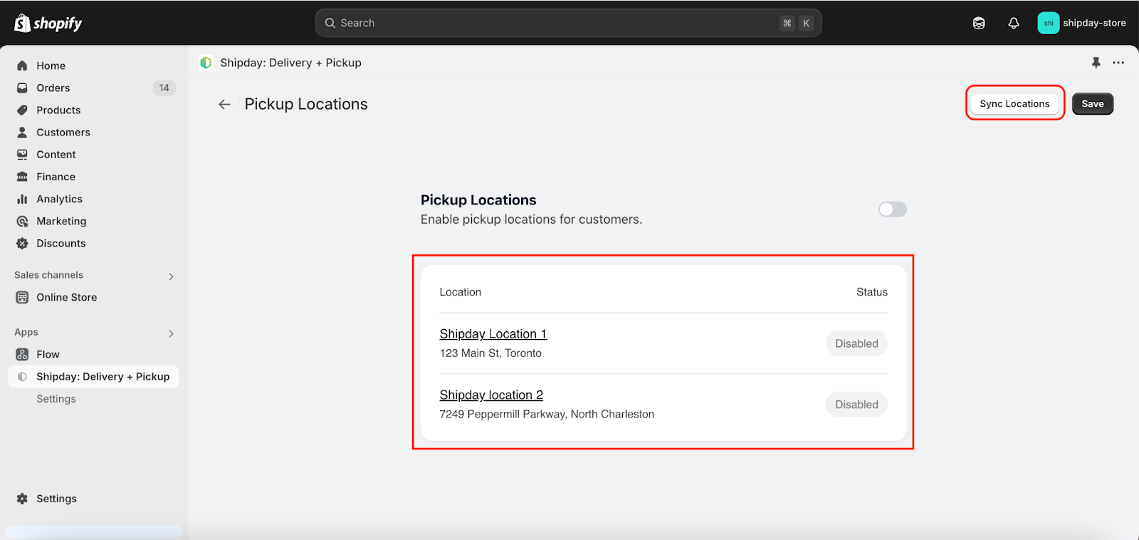 Botón Sync Locations en la app de Shipday para Shopify