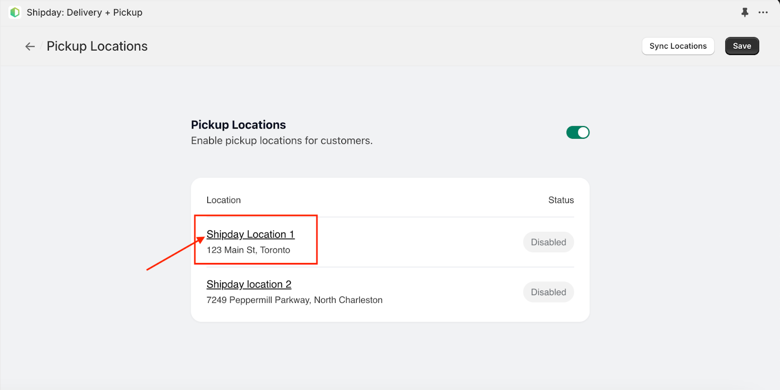 Lista de ubicaciones de tienda en la app de Shipday para Shopify