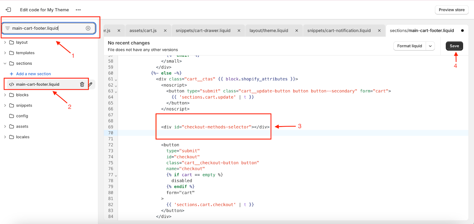 Checkout methods code added to main-cart-footer.liquid in the Shopify code editor