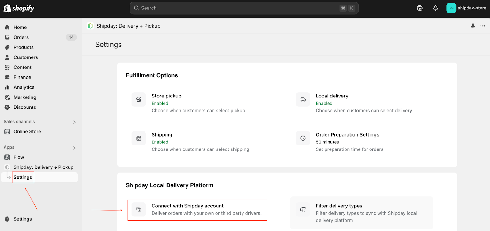 Connect with Shipday account in the Shipday app settings in Shopify