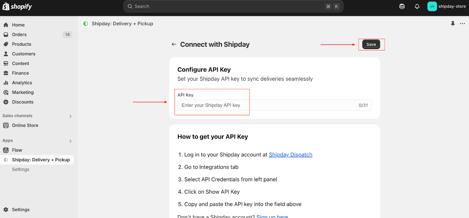 API key field and Save button in the Shipday Shopify app