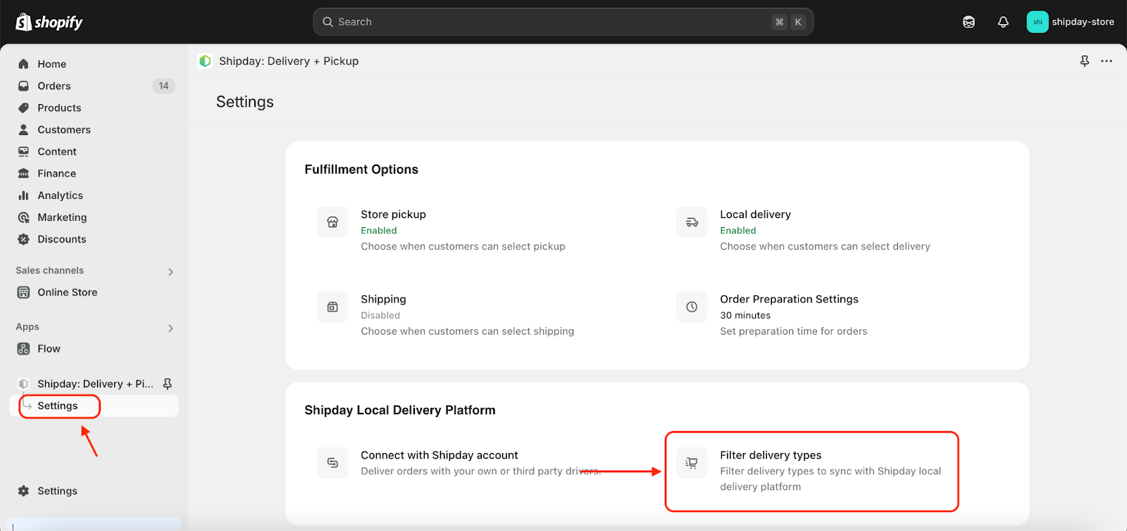 Filter delivery types in the Shipday app settings in Shopify