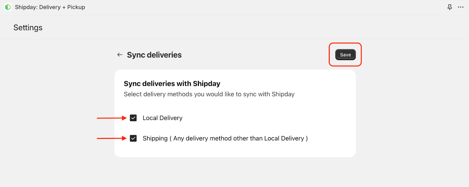 Order types to sync with Shipday and the Save button