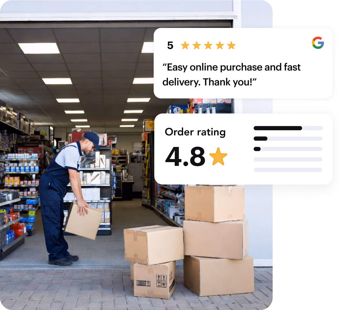 Auto-parts store employee carrying a box, with a 5-star Google review and a 4.8 order rating from Shipday