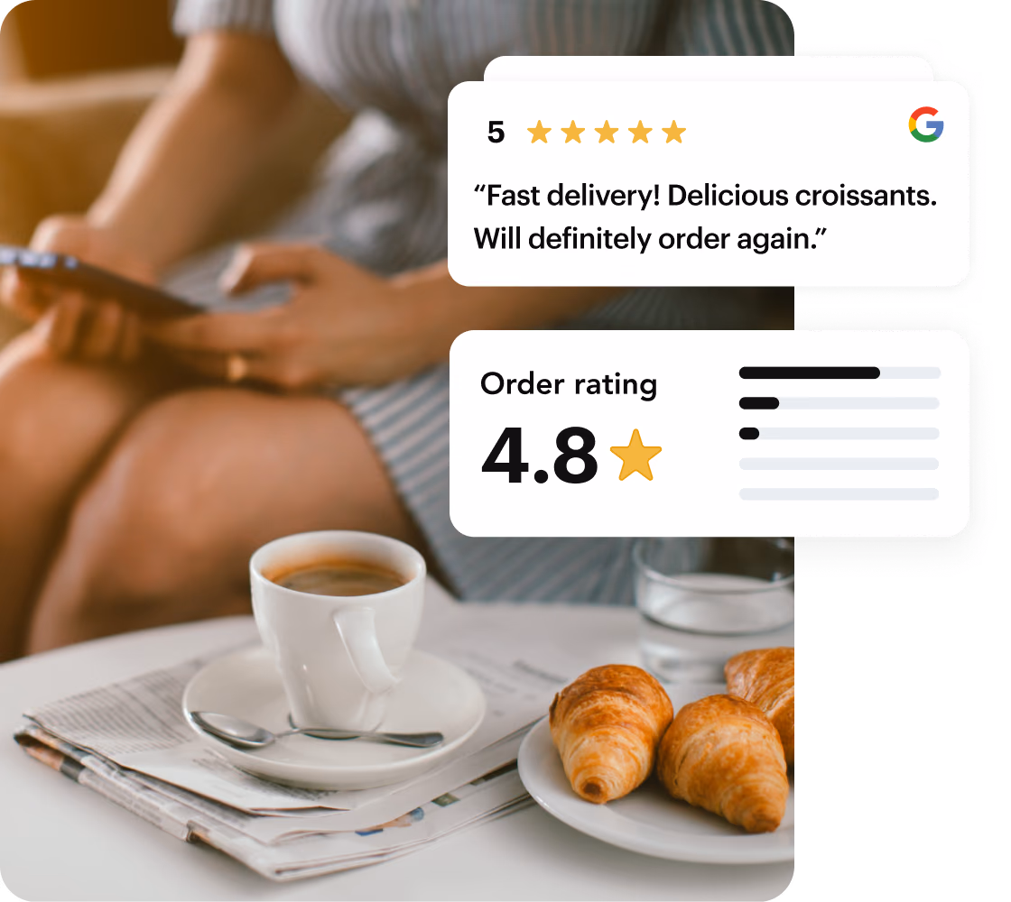 Baker holding a box of fresh pastries next to Shipday cards showing a 5-star review and a delivery on its way