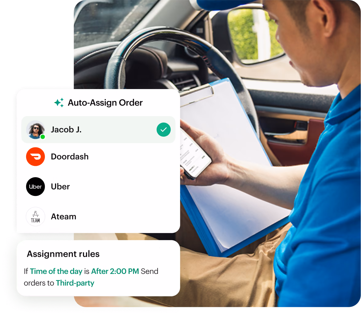 Driver in his car with a clipboard, next to Shipday auto-assigning an order to an in-house driver, DoorDash, Uber, or A-Team with assignment rules