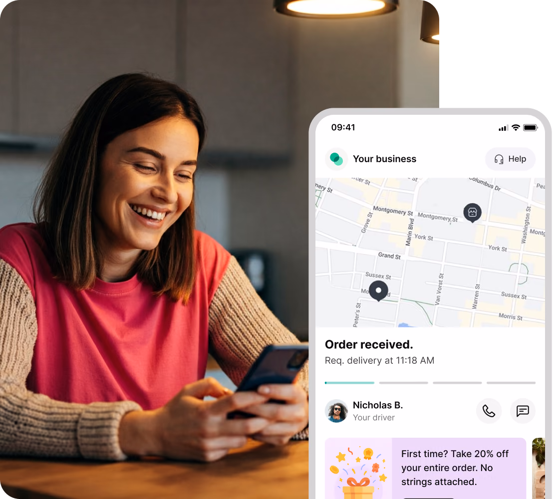 Customer smiling at her phone next to a branded Shipday tracking page with a live map and a promotion