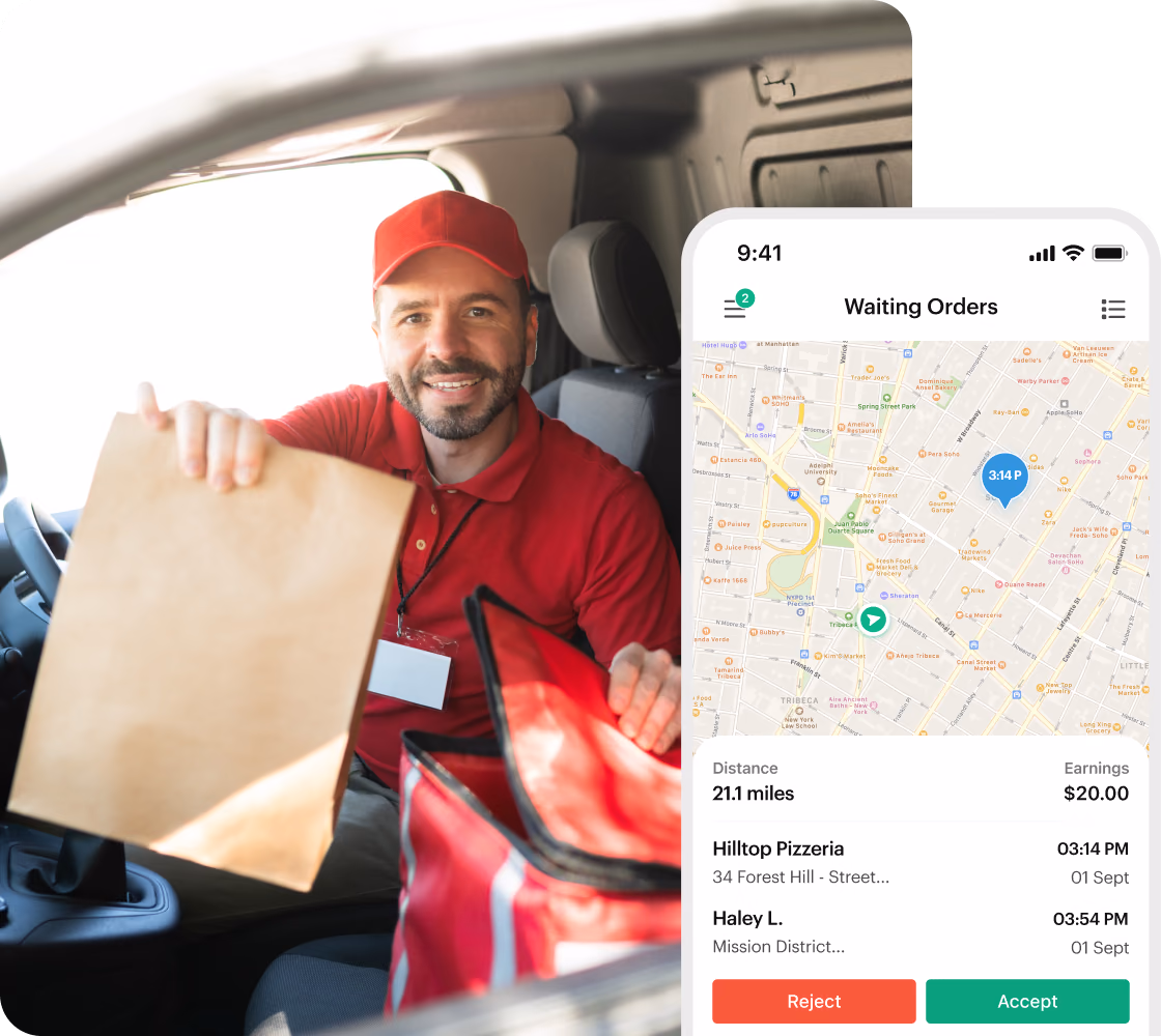 Driver holding a delivery bag next to the Shipday driver app showing waiting orders on a map