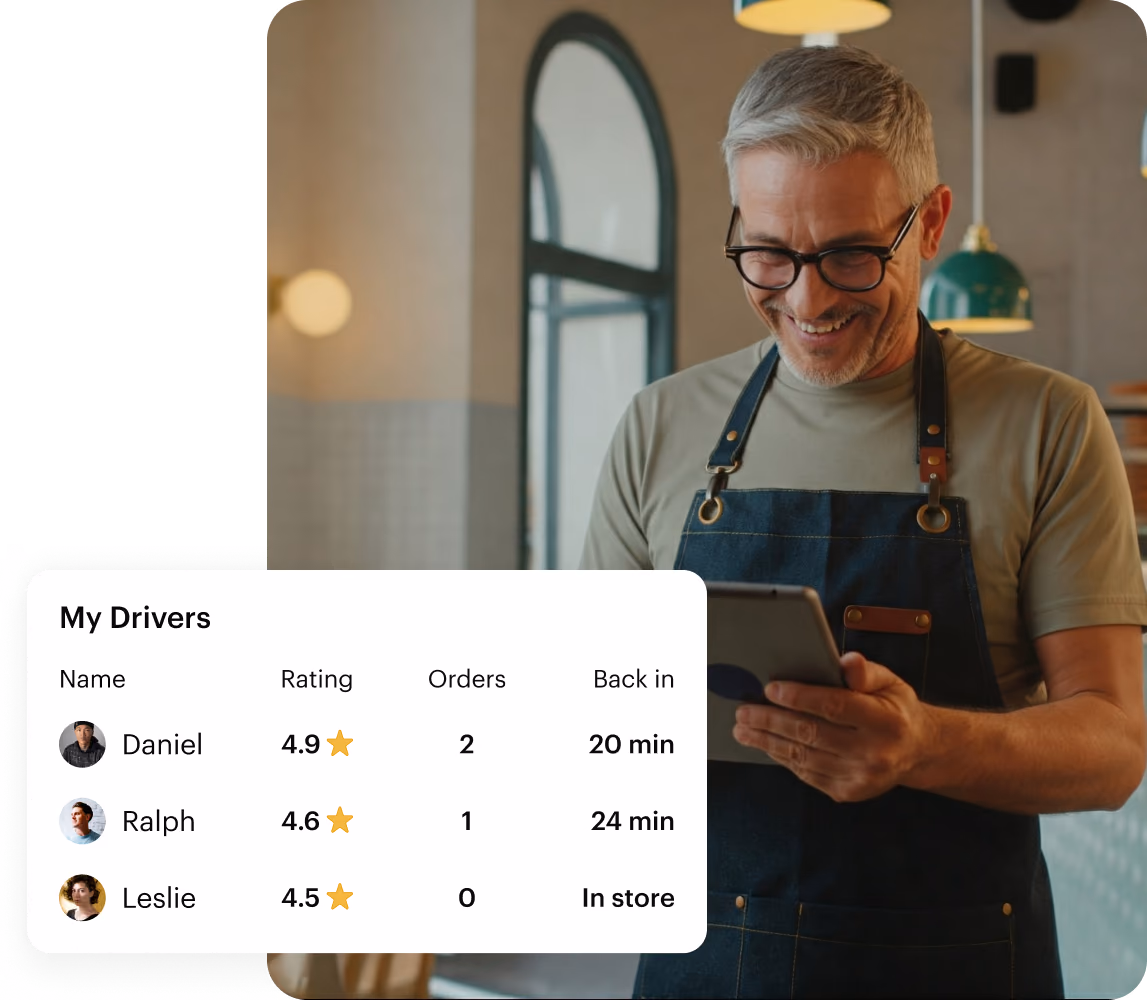 Store owner on a tablet next to a Shipday driver list with ratings, orders, and return times