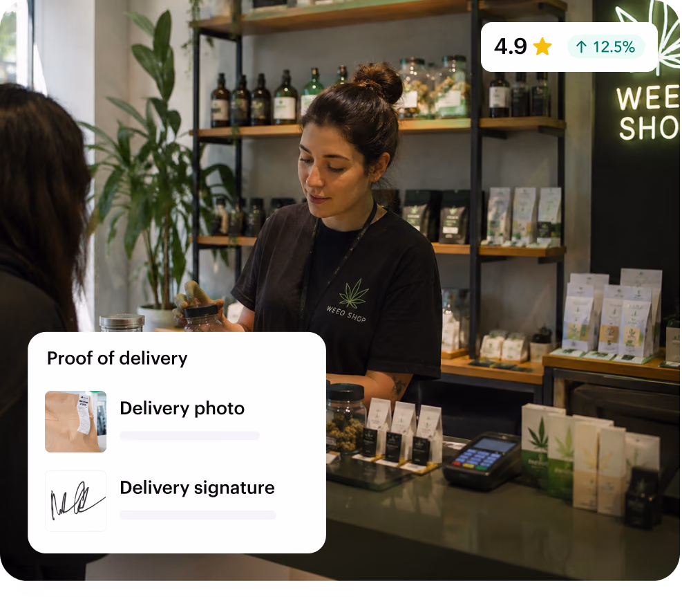 Budtender serving a customer in a cannabis shop, with a Shipday proof of delivery card showing the delivery photo and signature