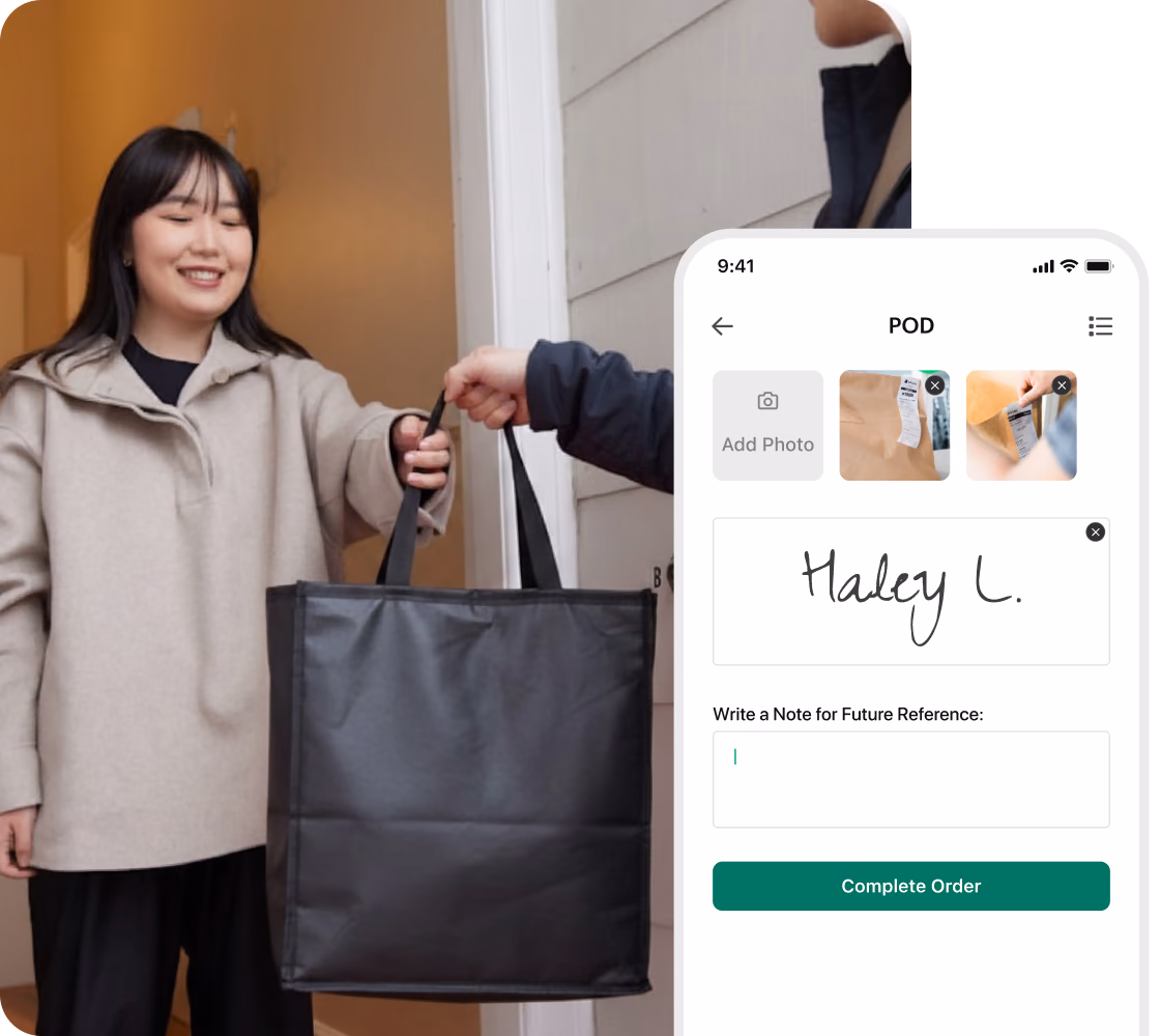 Driver handing over a bag at the door, with the Shipday driver app showing delivery photos and a signature