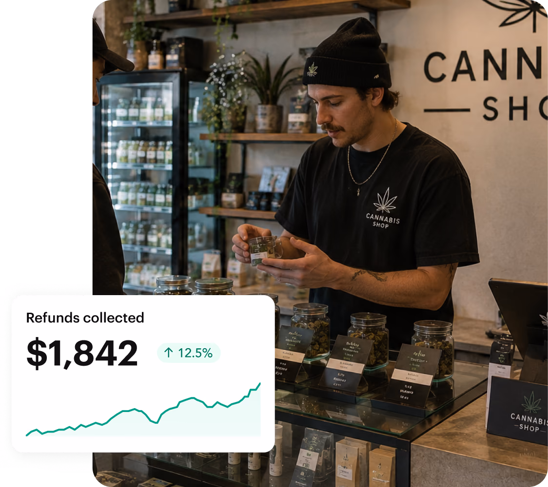Cannabis shop employee at the counter next to the refunds collected through Shipday