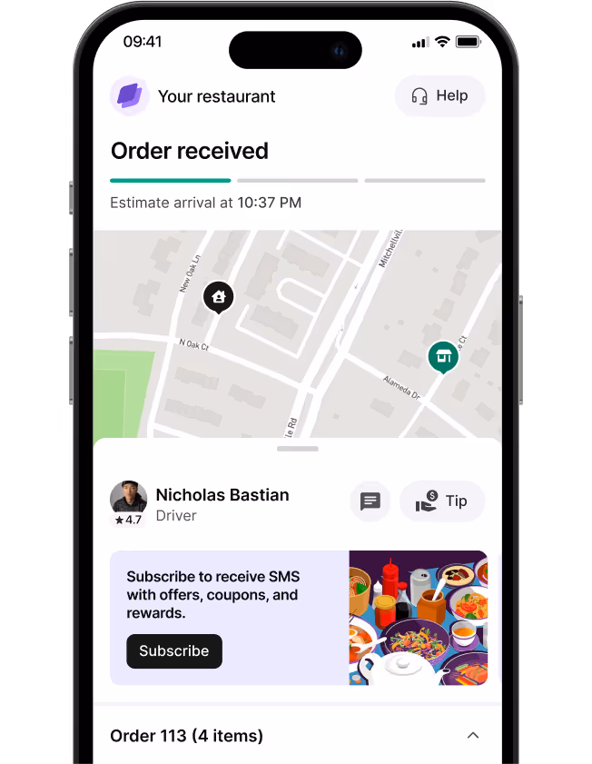 Tracking page with a restaurant’s logo, brand colors, and a promotional ad