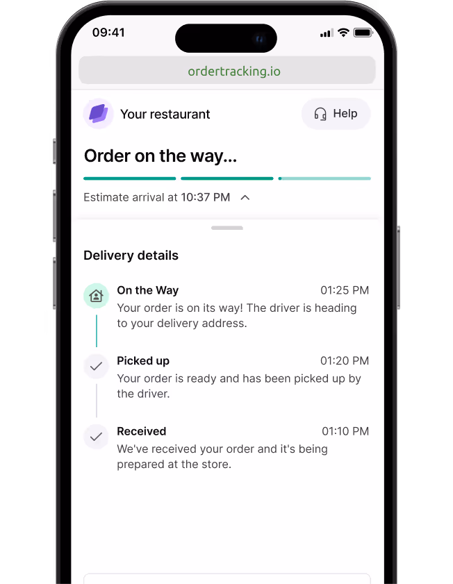 Branded tracking page with the driver’s live location and delivery progress