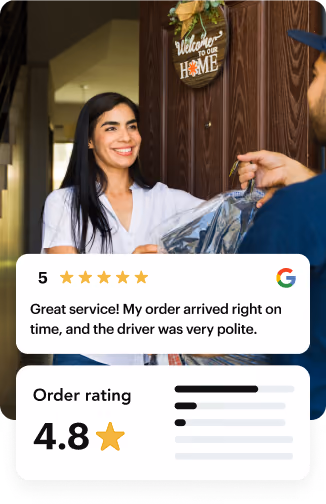 Customer receiving a garment bag from a driver next to a 5-star Google review and a 4.8 order rating