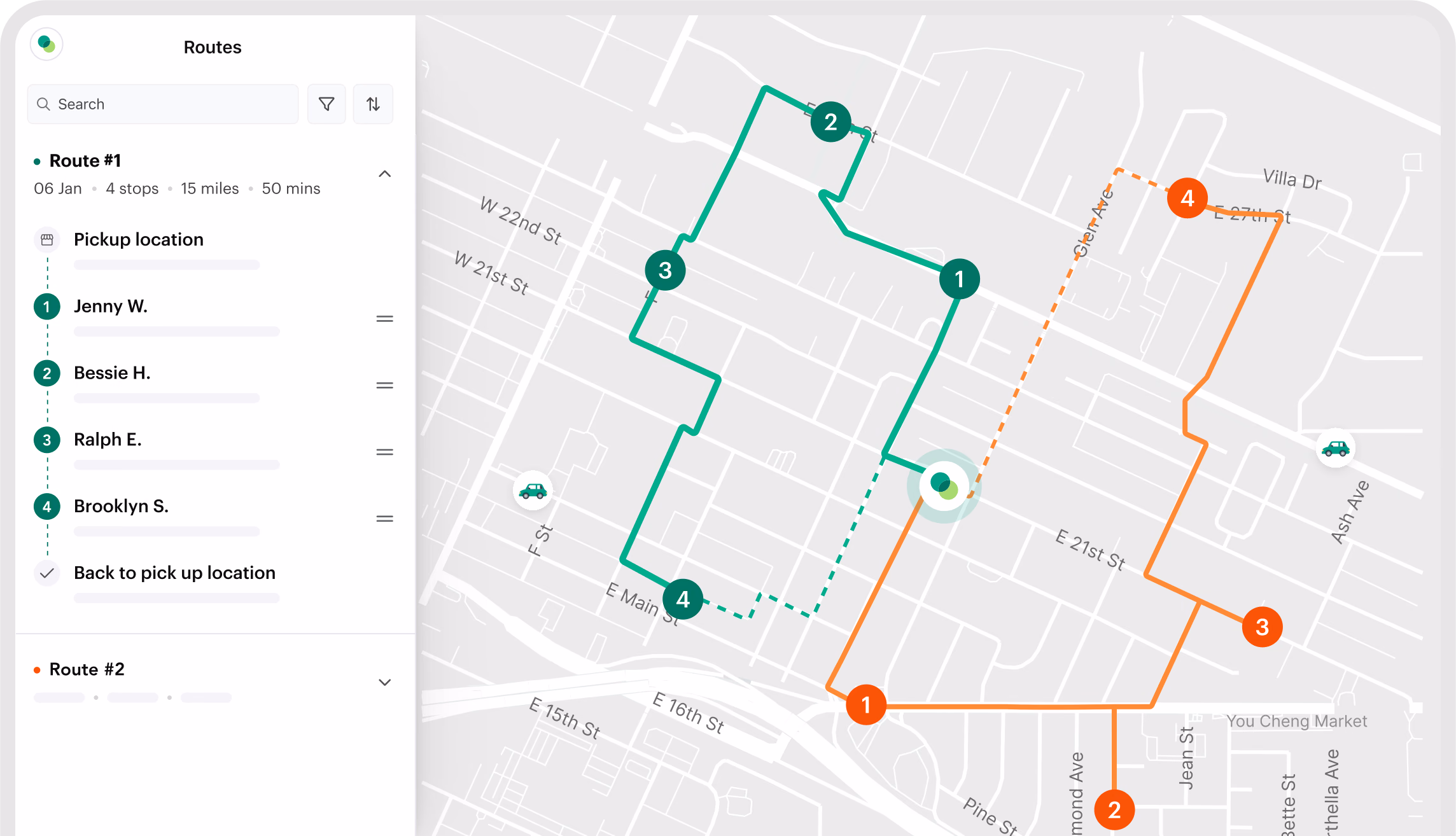 Shipday route planner showing two optimized delivery routes on a map