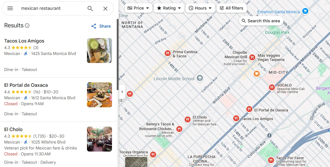 Cuando un cliente busca restaurantes cercanos en Google Maps, las calificaciones de Google del negocio aparecen de forma destacada. (Fuente: Google Maps)