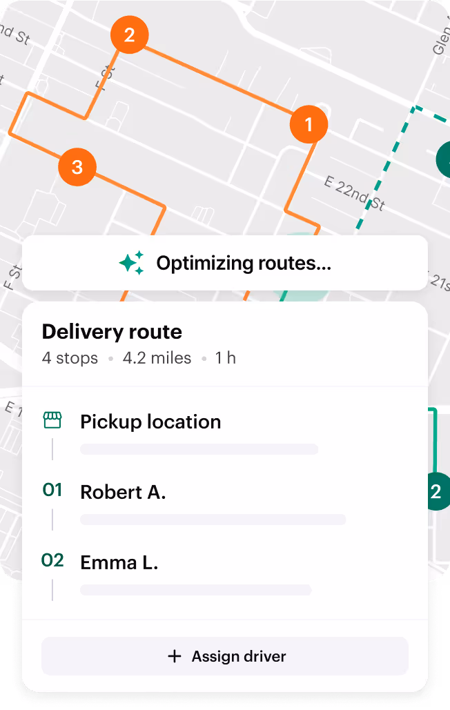 Map with live driver routes and a delivery route card in Shipday