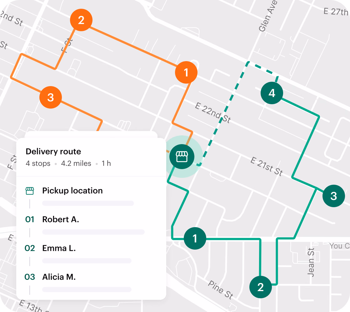 Optimized delivery route with four numbered stops on a city map