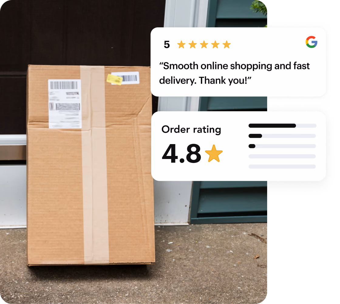 Paquete de cartón en la puerta de una casa, con una reseña de 5 estrellas en Google y una calificación de pedido de 4.8 en Shipday
