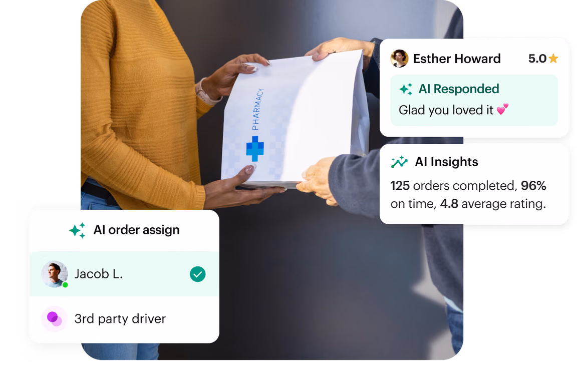 Pharmacy bag handed to a customer, with Shipday AI order assignment, AI insights, and an AI-responded review