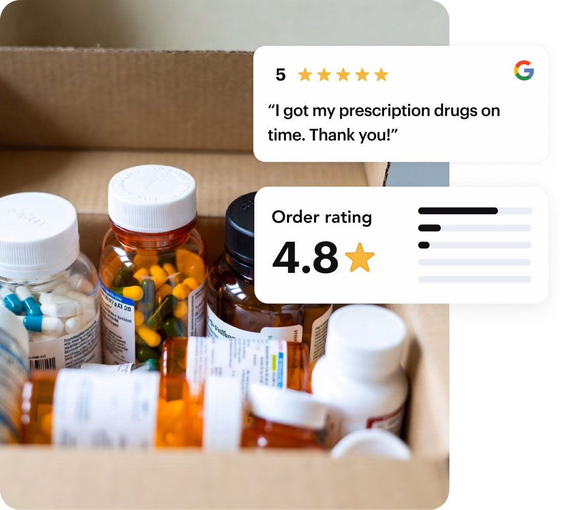 Box of prescription bottles with a 5-star Google review and a 4.8 order rating from Shipday