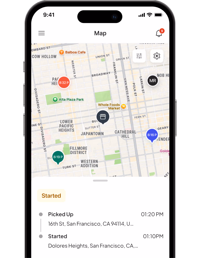 Shipday driver app map showing live order locations