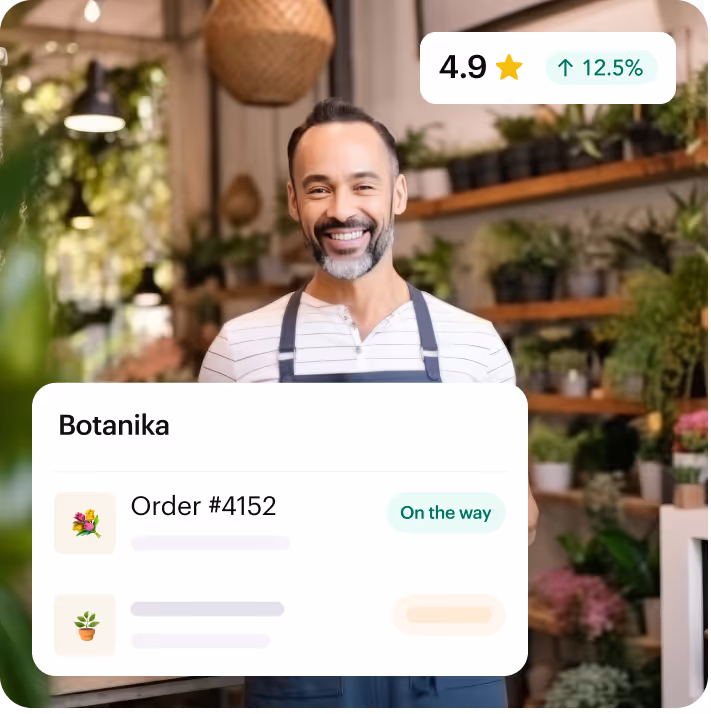 Smiling owner of a plant shop, with a Shipday order on its way and a 4.9 rating