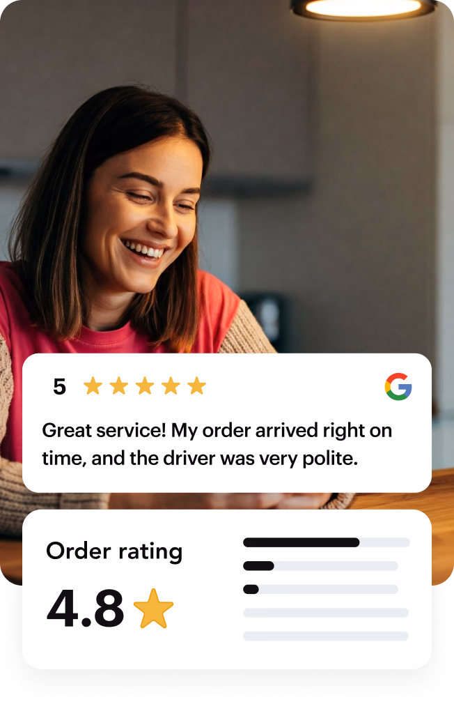 عميل مبتسم بجوار تقييم Google بخمس نجوم وتقييم طلب 4.8