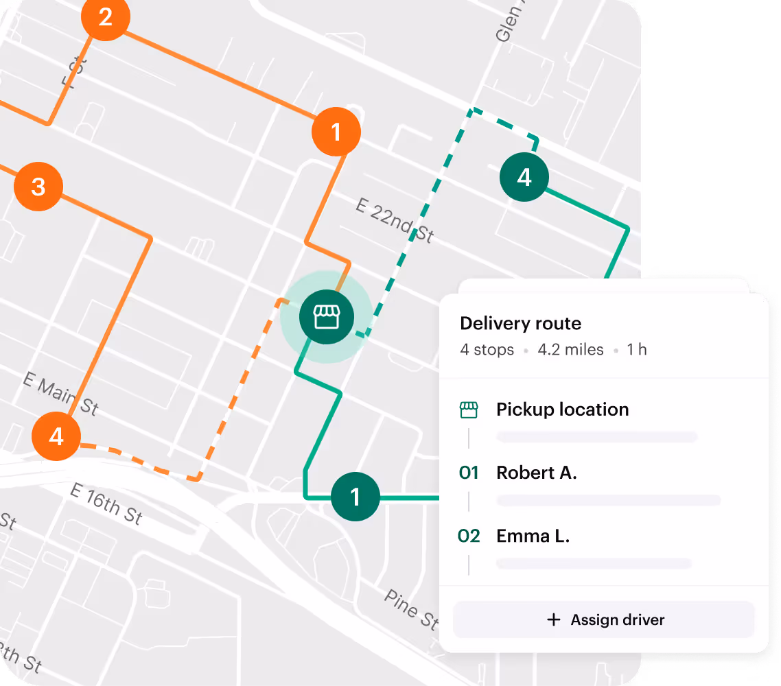 Shipday map with optimized delivery routes and the stops of one route