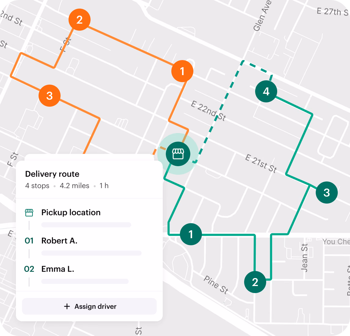 Ruta de entrega con cuatro paradas en un mapa, lista para asignar a un repartidor