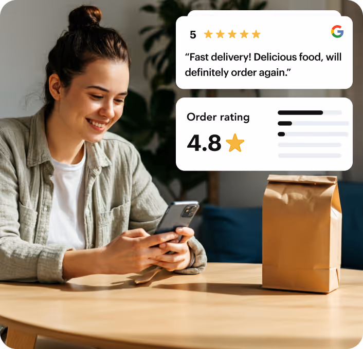 Customer leaving a 5-star Google review after her delivery